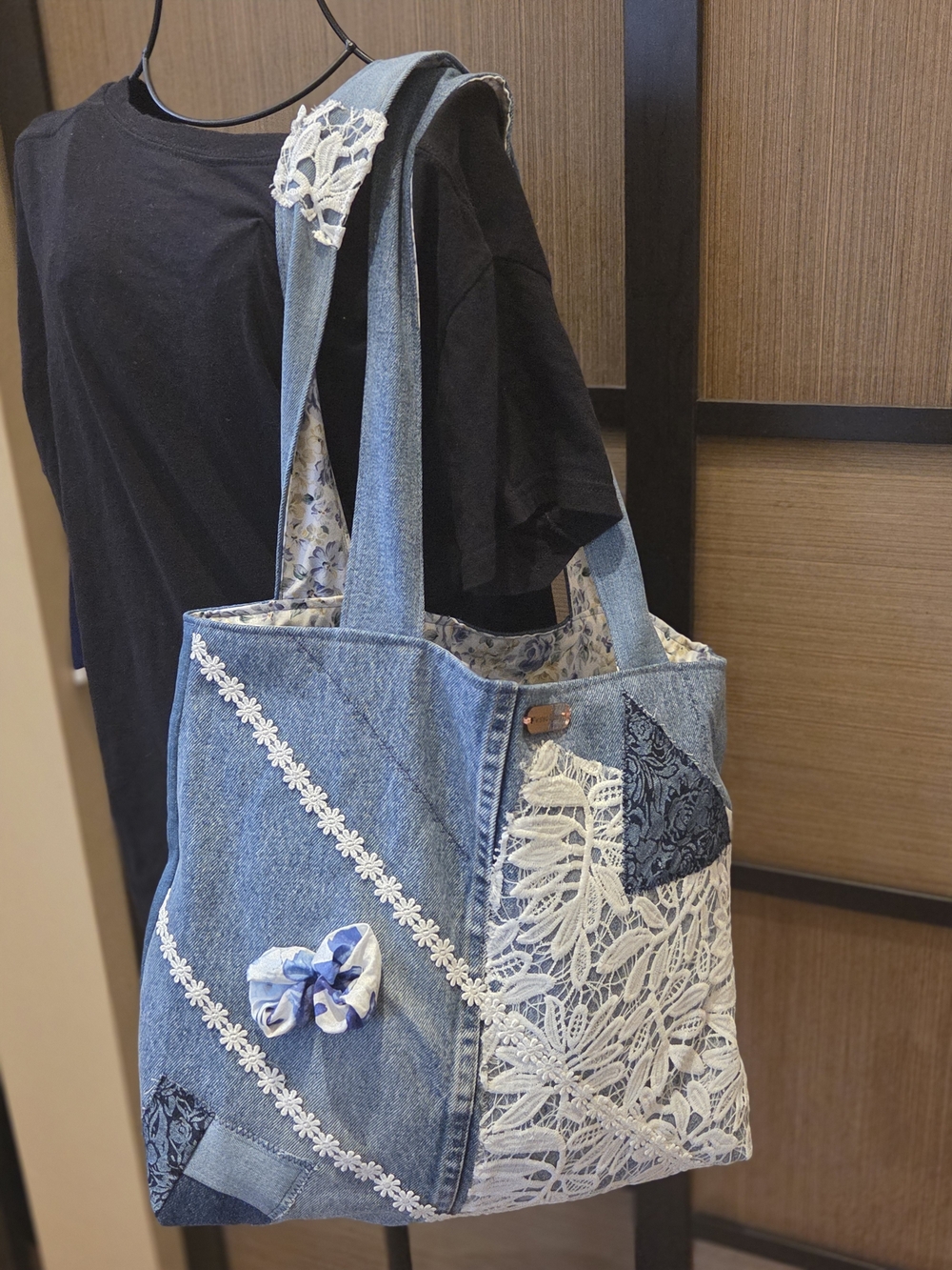 Denim Blue Patchwork Tote Bag with Lace Accents